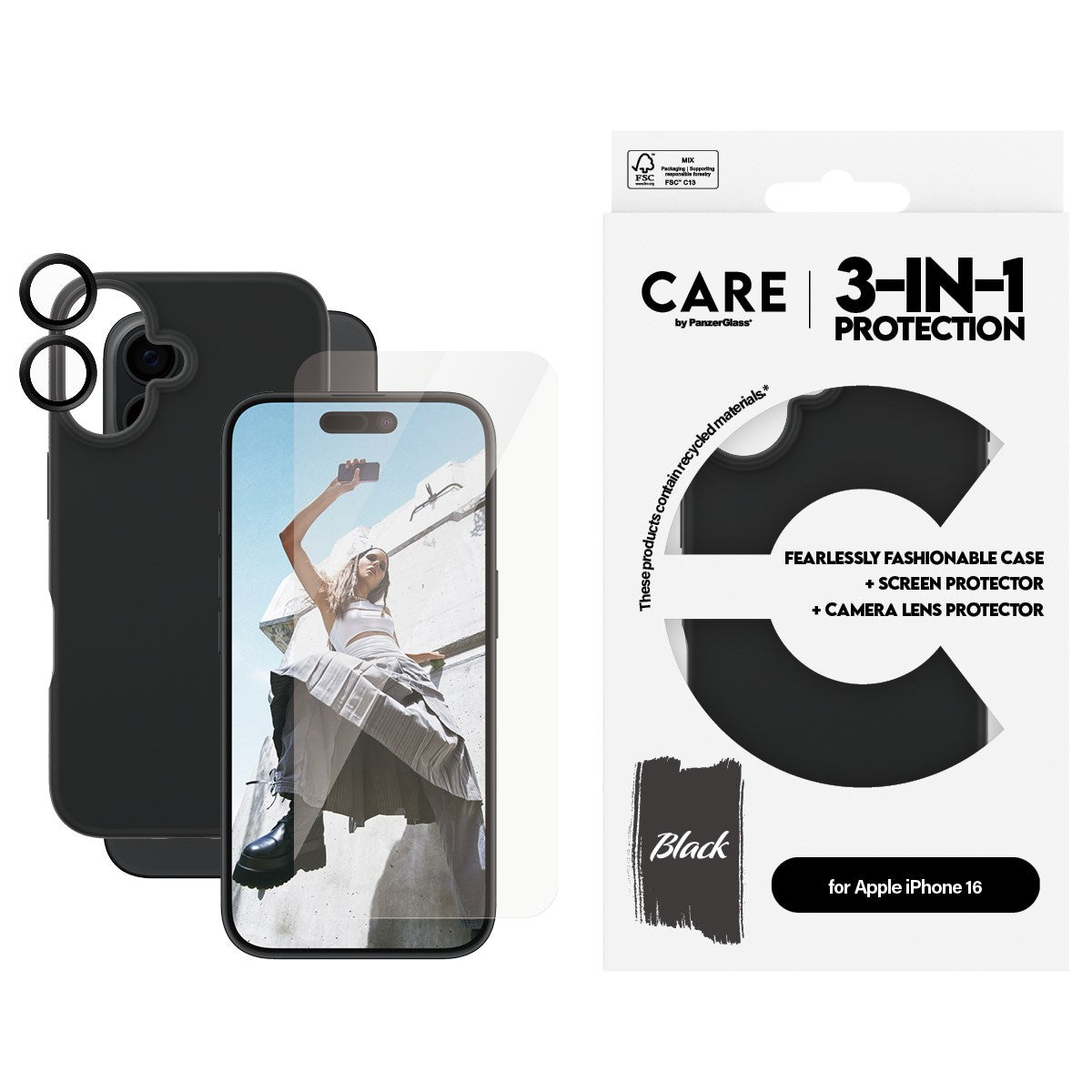 CARE by PanzerGlass® 3-i-1 Pakke iPhone 16